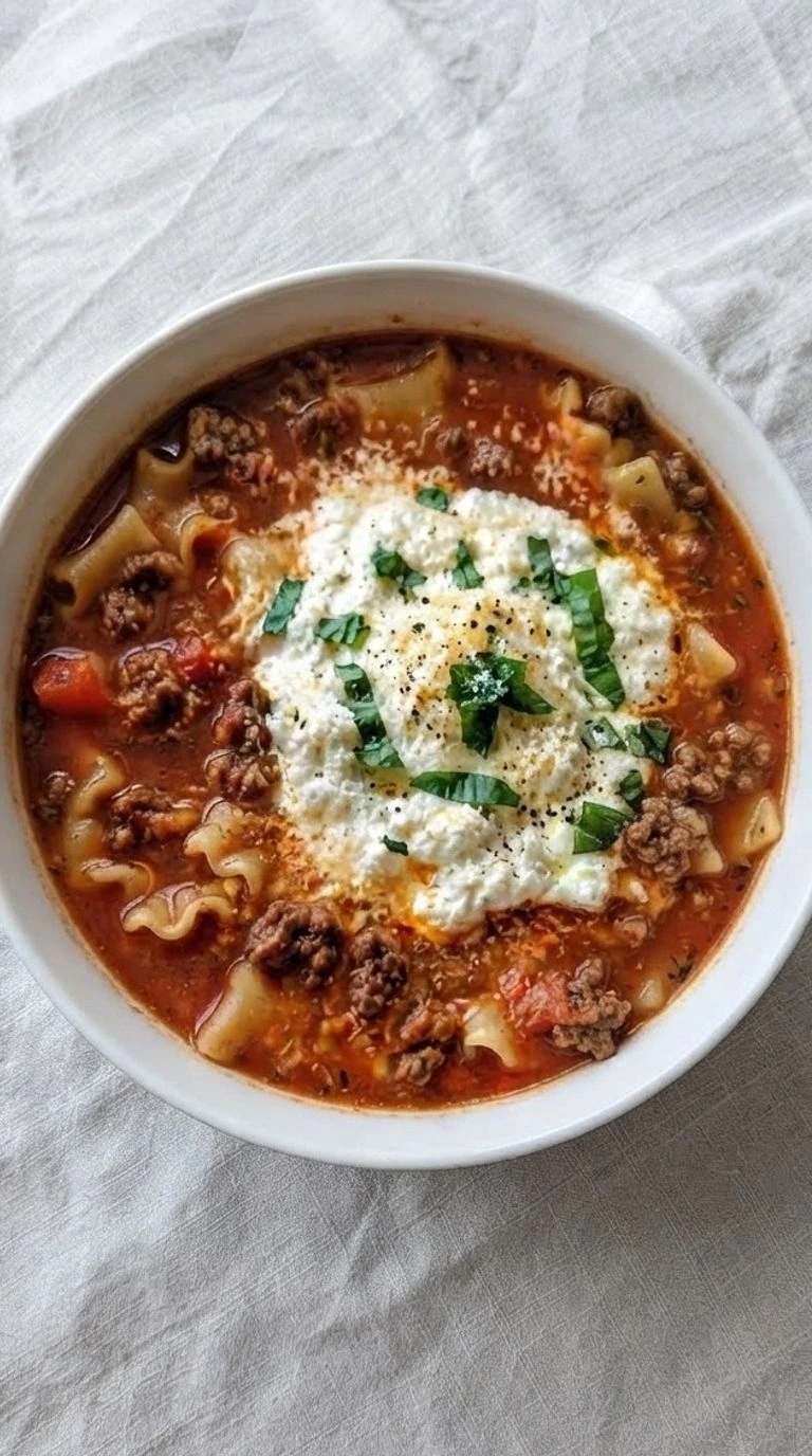 One Pot Lasagna Soup in a bowl with melted cheese and tender noodles Recipe focus: lasagna soup recipe.