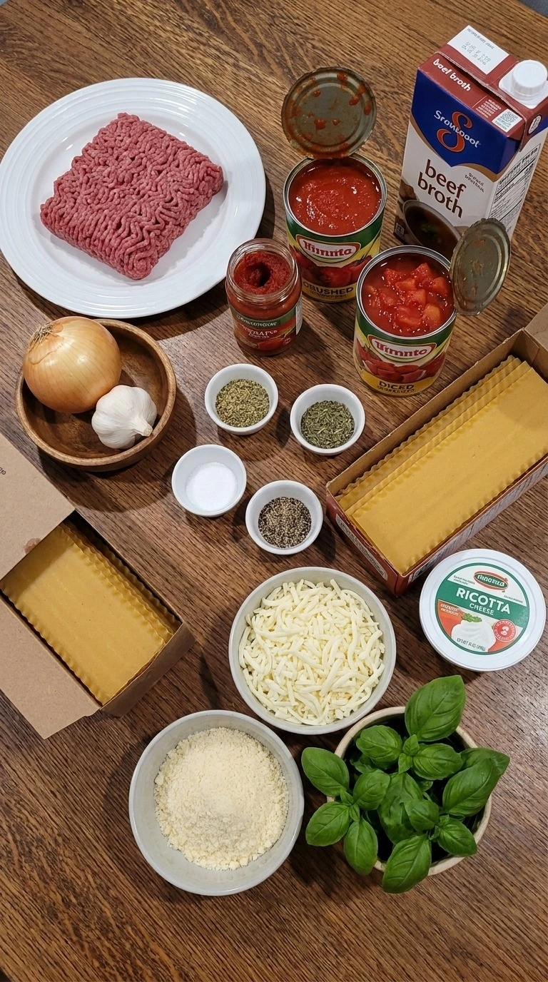 One Pot Lasagna Soup ingredients including noodles tomatoes beef and cheese Recipe focus: creamy lasagna soup.