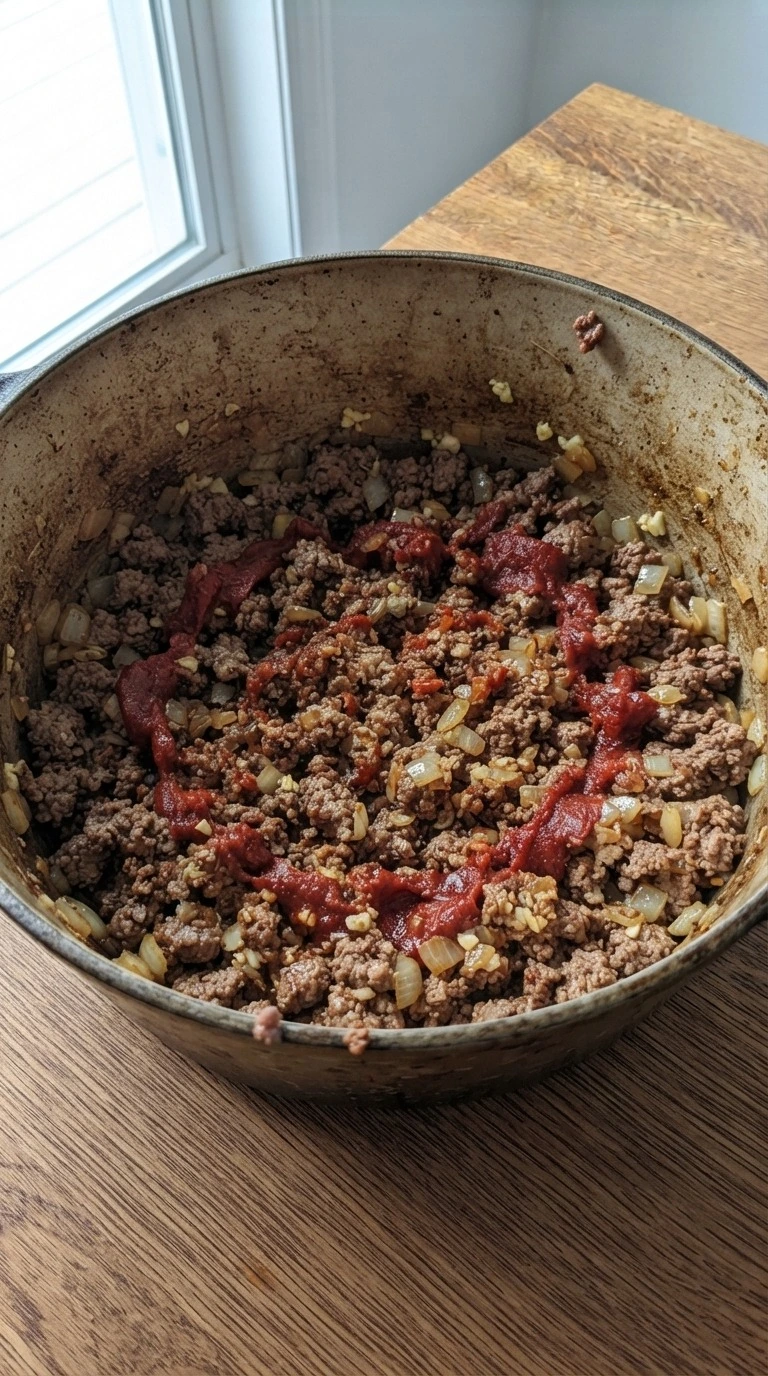 One Pot Lasagna Soup browning ground beef with onion and garlic in pot Recipe focus: lasagna soup recipe.
