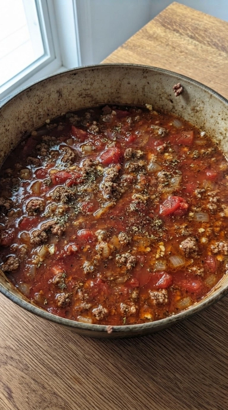 One Pot Lasagna Soup tomato broth simmering with beef and herbs Recipe focus: lasagna soup recipe.