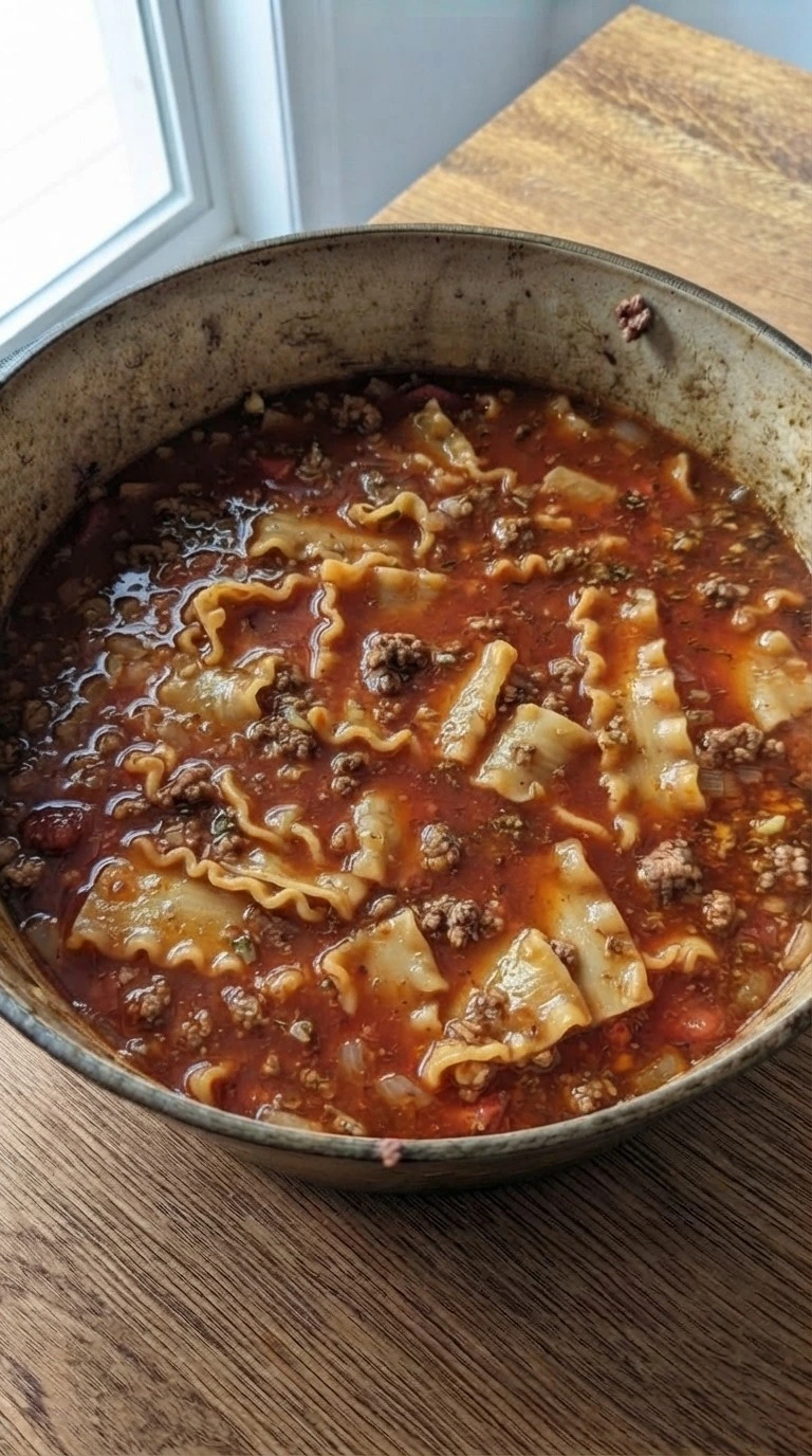 One Pot Lasagna Soup with broken lasagna noodles softening in tomato broth Recipe focus: easy lasagna soup.