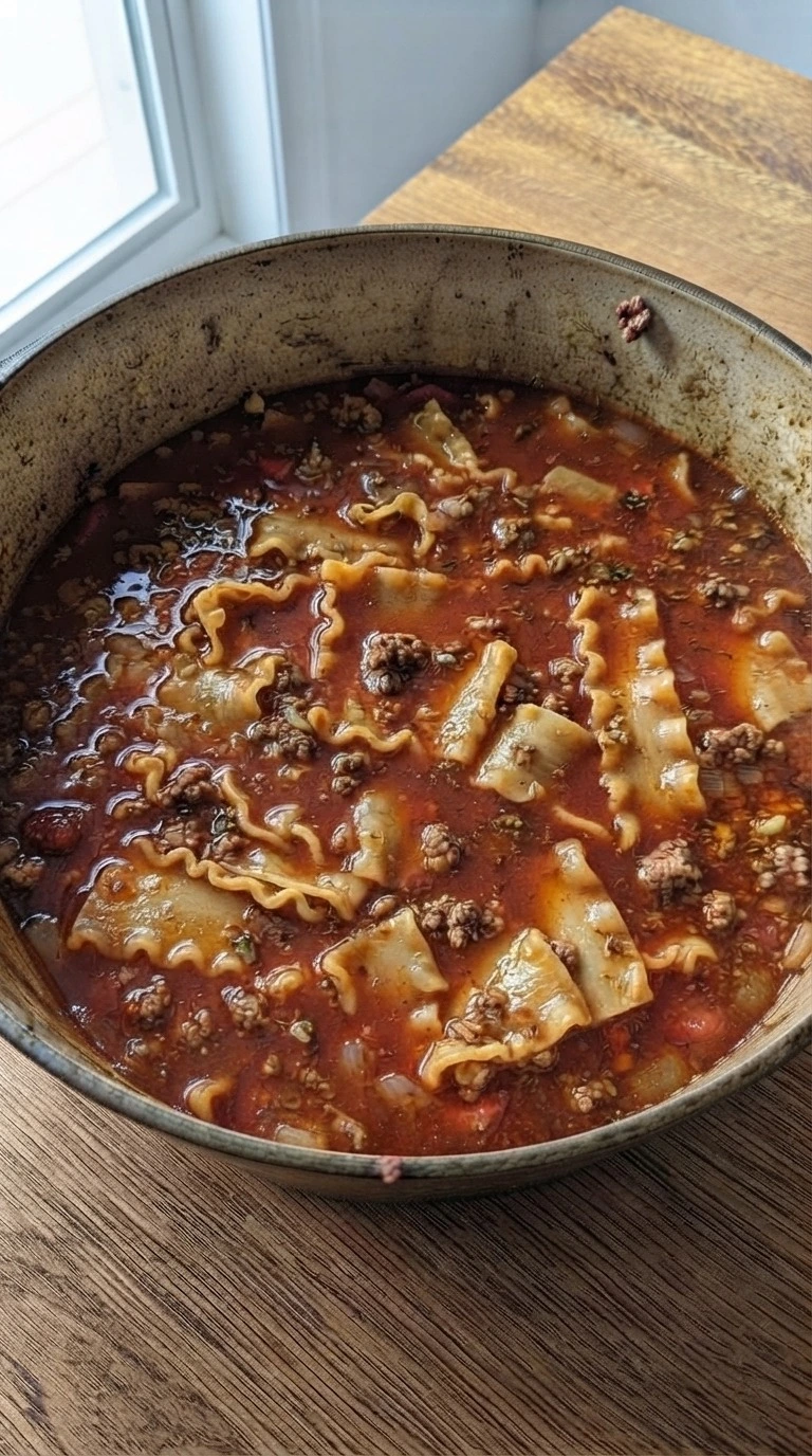 One Pot Lasagna Soup finished with melted cheese and noodles Recipe focus: creamy lasagna soup.