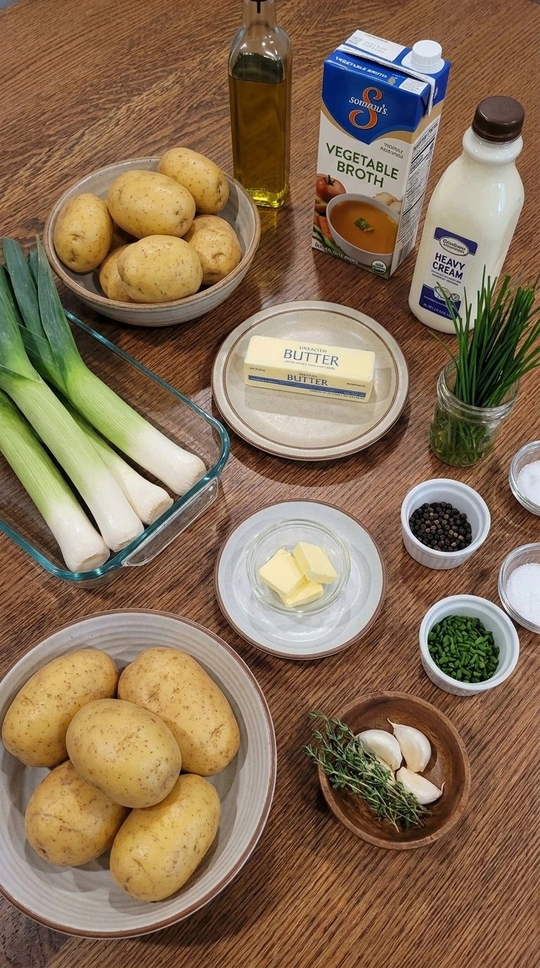 Potato Leek Soup ingredients with potatoes leeks broth and herbs Recipe focus: leek potato soup.