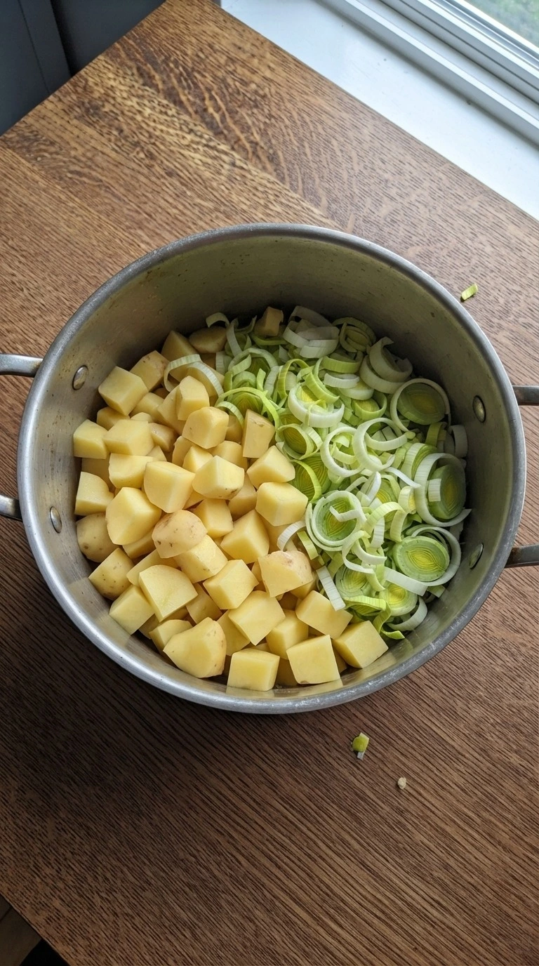 Potato Leek Soup sliced potatoes and leeks before cooking Recipe focus: potato leek soup recipe.