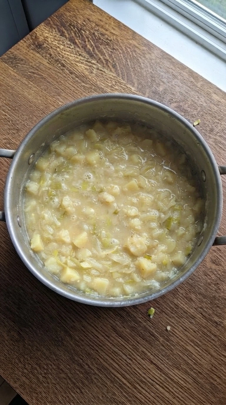 Potato Leek Soup potatoes simmering with leeks and broth Recipe focus: potato and leek soup.