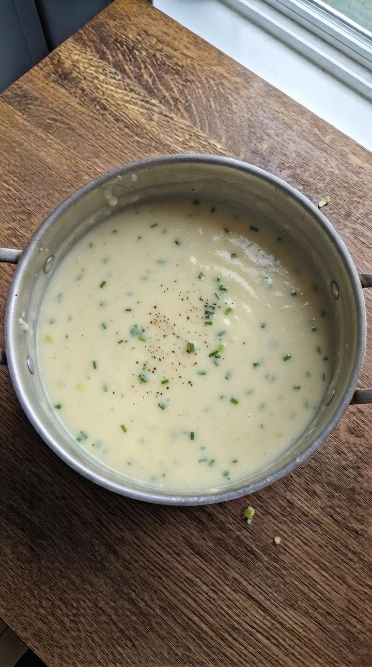 Potato Leek Soup blended creamy texture with chive finish Recipe focus: leek potato soup.