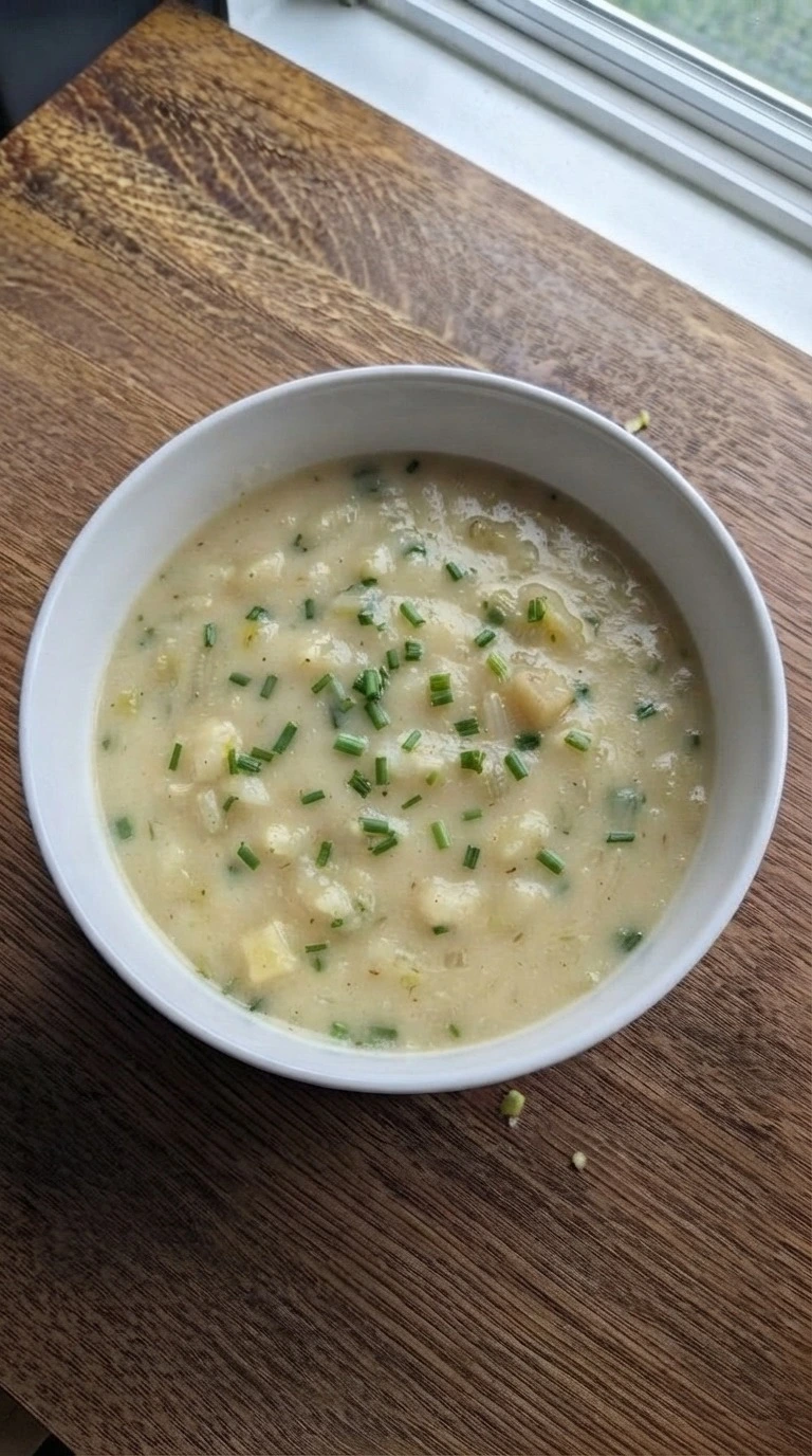 Potato Leek Soup single serving bowl with creamy soup and chives Recipe focus: potato and leek soup recipe.