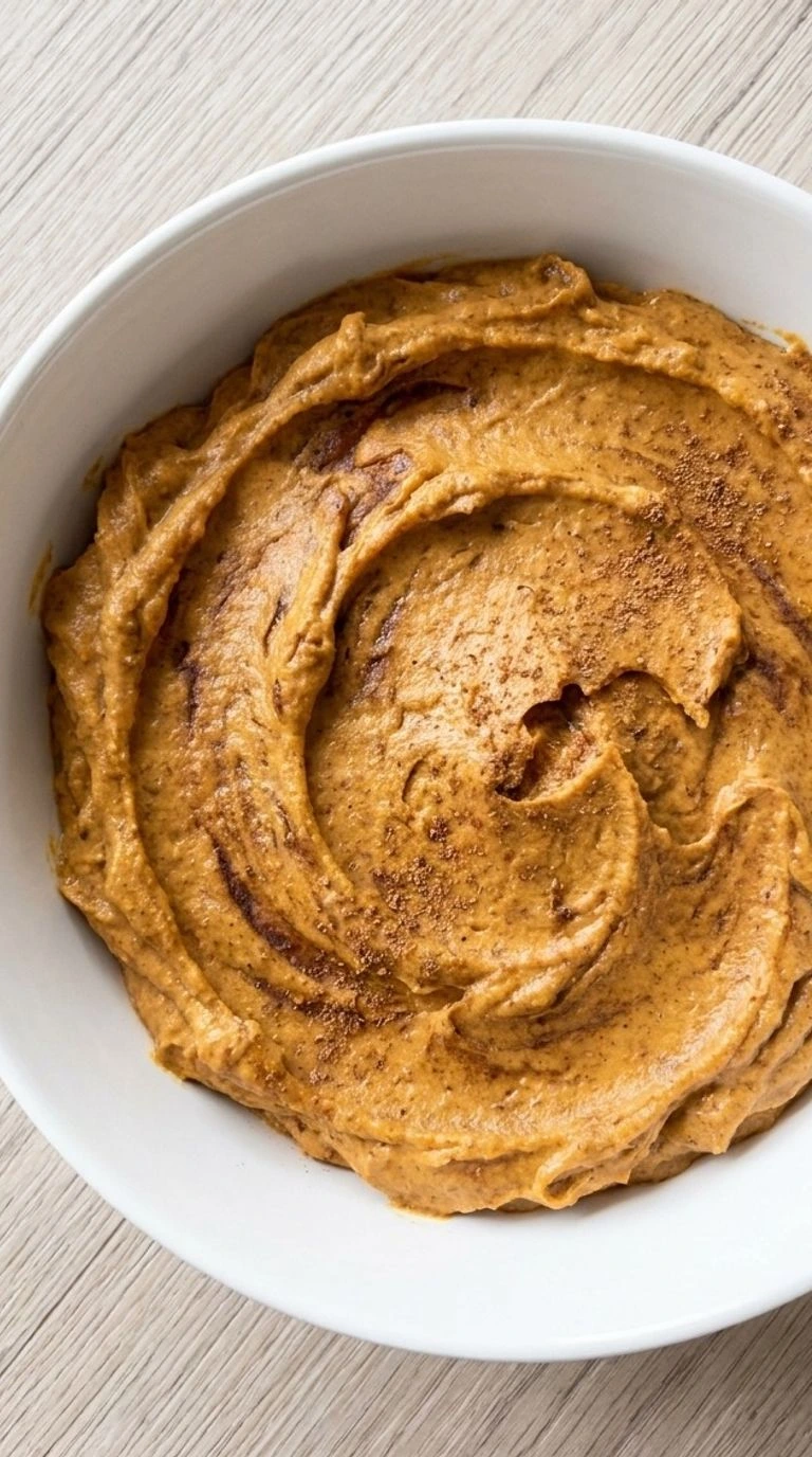 Pumpkin Pie Dip in a serving bowl with creamy pumpkin texture and cinnamon swirls Recipe focus: pumpkin fluff dip.