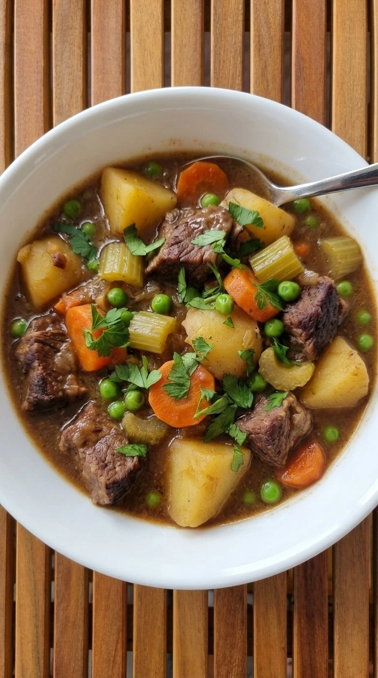 Slow Cooker Beef and Vegetable Stew with seared chuck, potatoes, carrots and peas in thick brown gravy Recipe focus: slow cooker beef stew.