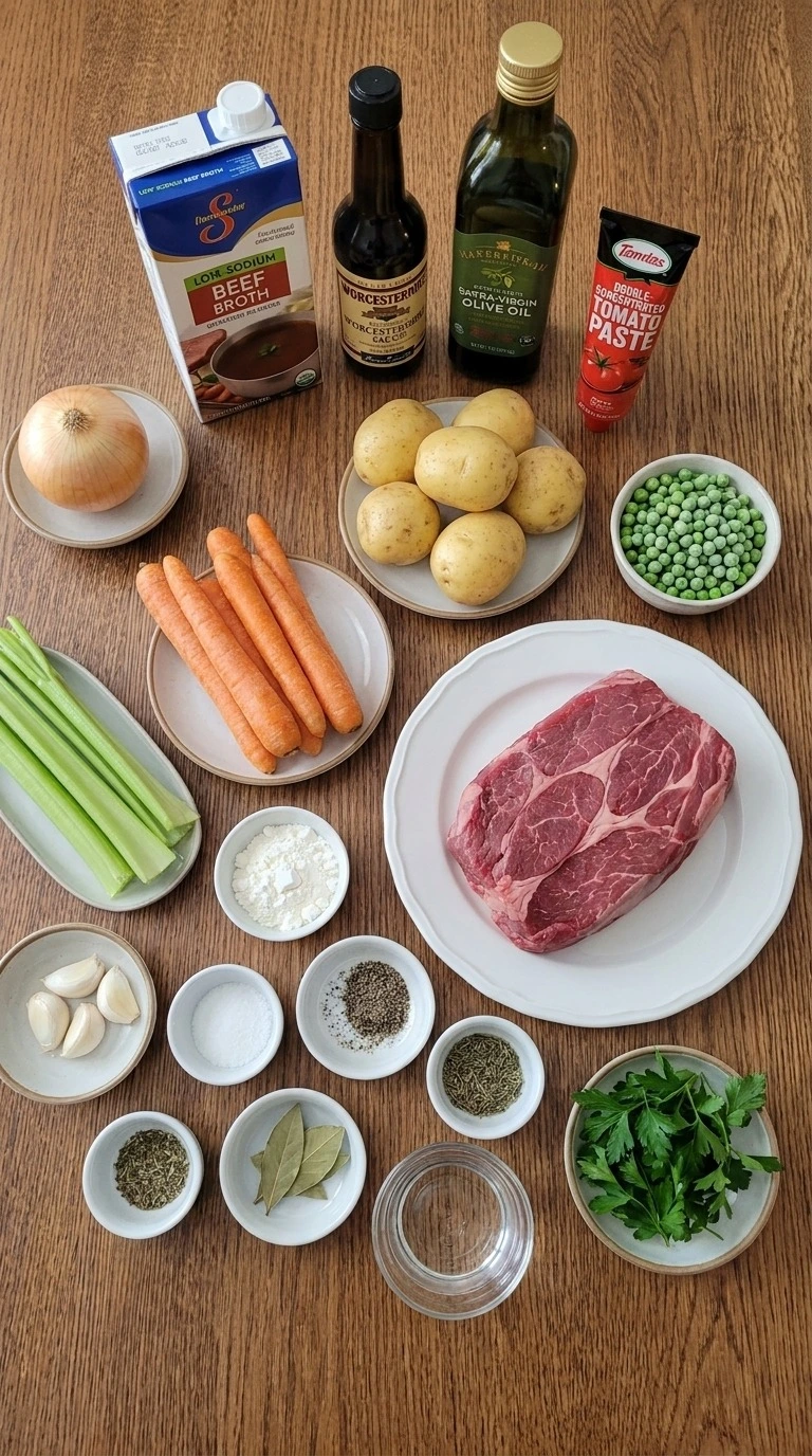 Slow Cooker Beef and Vegetable Stew ingredients with beef chuck, potatoes, carrots, broth and seasonings Recipe focus: slow cooker beef stew.