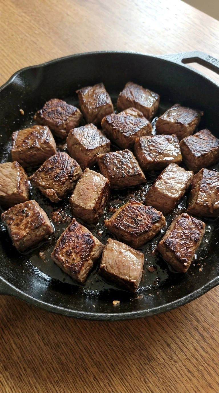 Slow Cooker Beef and Vegetable Stew step with beef chuck cubes seared dark brown in a skillet Recipe focus: easy beef stew recipe.