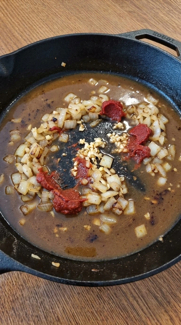 Slow Cooker Beef and Vegetable Stew step with browned onion, garlic and tomato paste deglazed with broth Recipe focus: slow cooker beef stew.