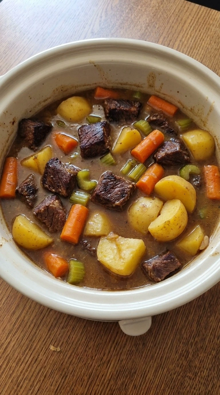 Slow Cooker Beef and Vegetable Stew after 8 hours on LOW with tender beef, potatoes, carrots and celery Recipe focus: crockpot beef and vegetable stew.