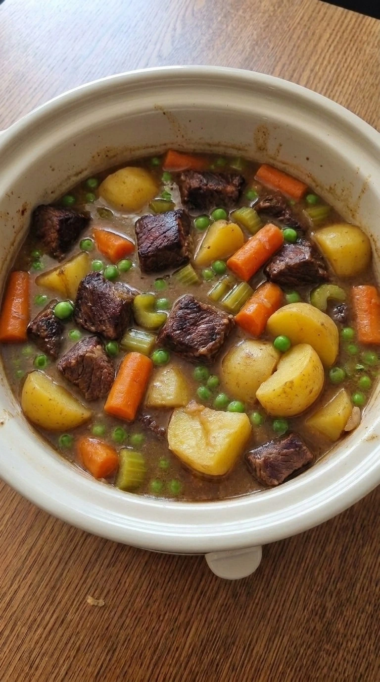 Slow Cooker Beef and Vegetable Stew with glossy thick gravy and bright green peas folded through Recipe focus: easy beef stew recipe.