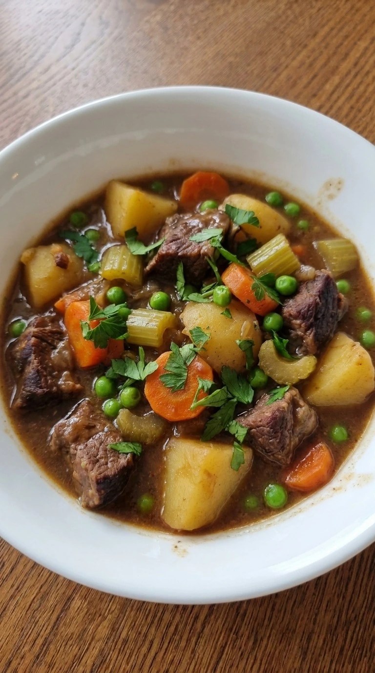 Slow Cooker Beef and Vegetable Stew served in one bowl with thick gravy, tender beef and vegetables Recipe focus: slow cooker beef stew.