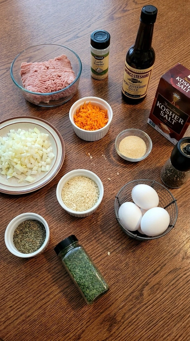 Turkey Meatloaf ingredients arranged before mixing with vegetables and seasonings Recipe focus: mini meatloaf recipes.