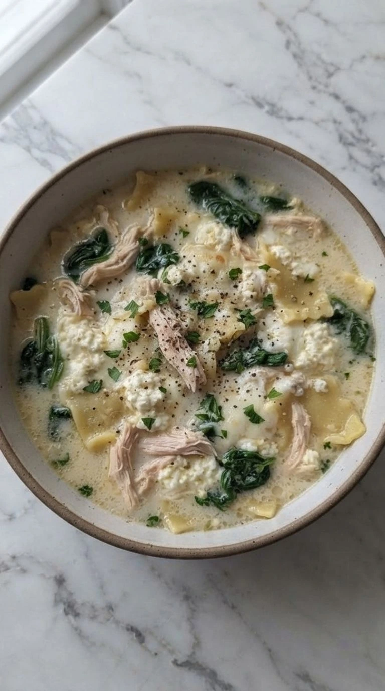 White Chicken Lasagna Soup with creamy broth, chicken, noodles, and melted cheese in a bowl Recipe focus: white lasagna soup.