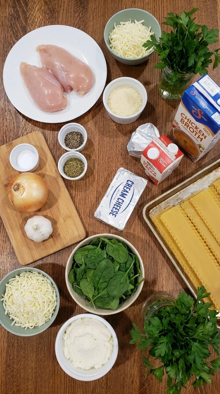 White Chicken Lasagna Soup ingredients with chicken, noodles, vegetables, and dairy items Recipe focus: alfredo lasagna soup.