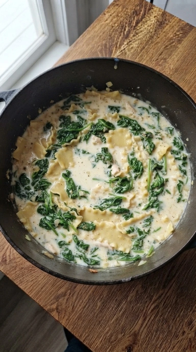 White Chicken Lasagna Soup noodles and spinach softening in creamy broth Recipe focus: alfredo lasagna soup.