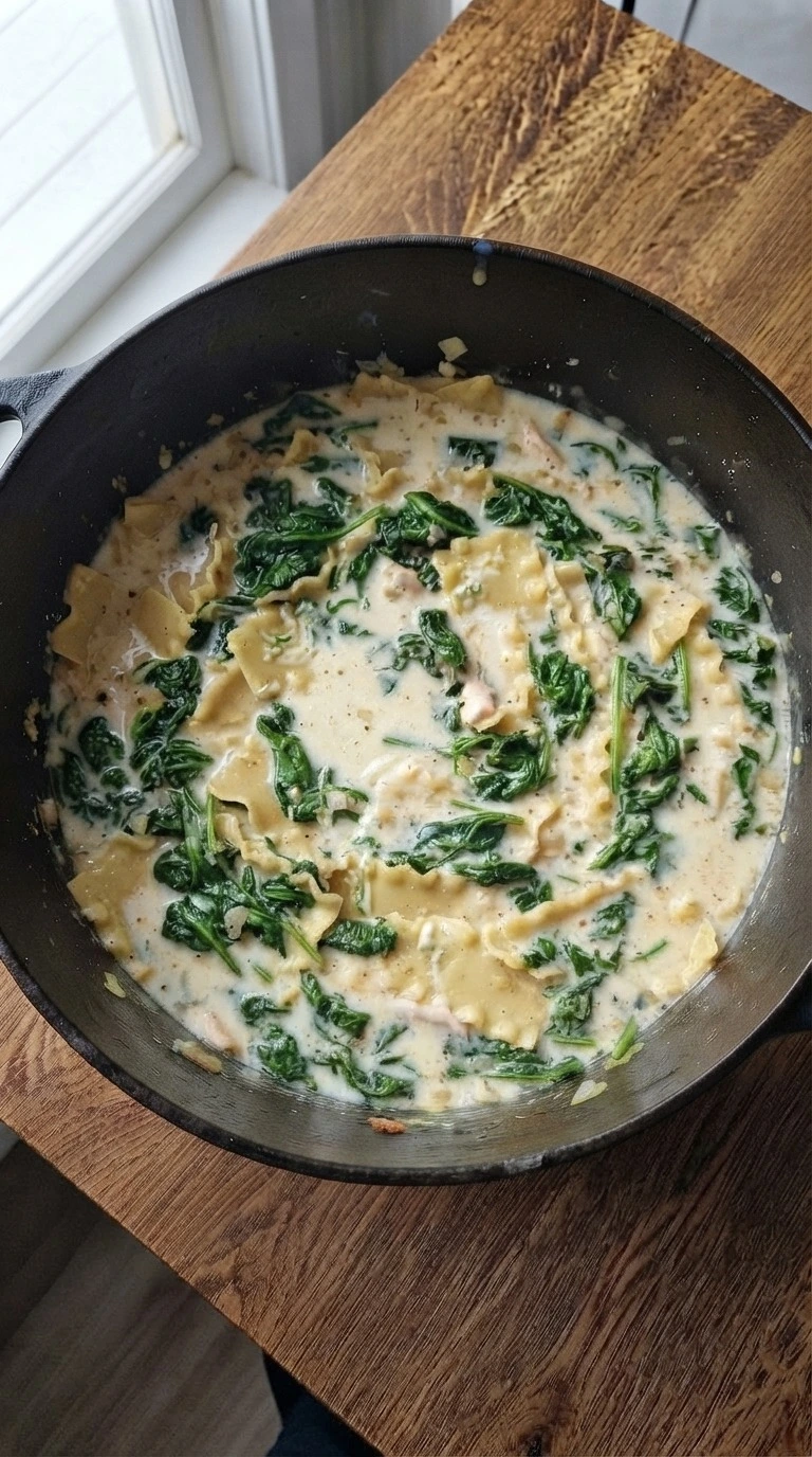 White Chicken Lasagna Soup finished with melted cheese and parsley Recipe focus: alfredo lasagna soup.