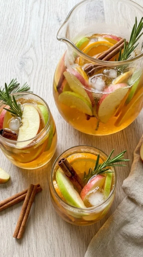 Apple Cider Sangria in glasses with apple slices orange rounds and cinnamon Recipe focus: apple cider sangria Recipe focus: apple cider sangria recipe easy.
