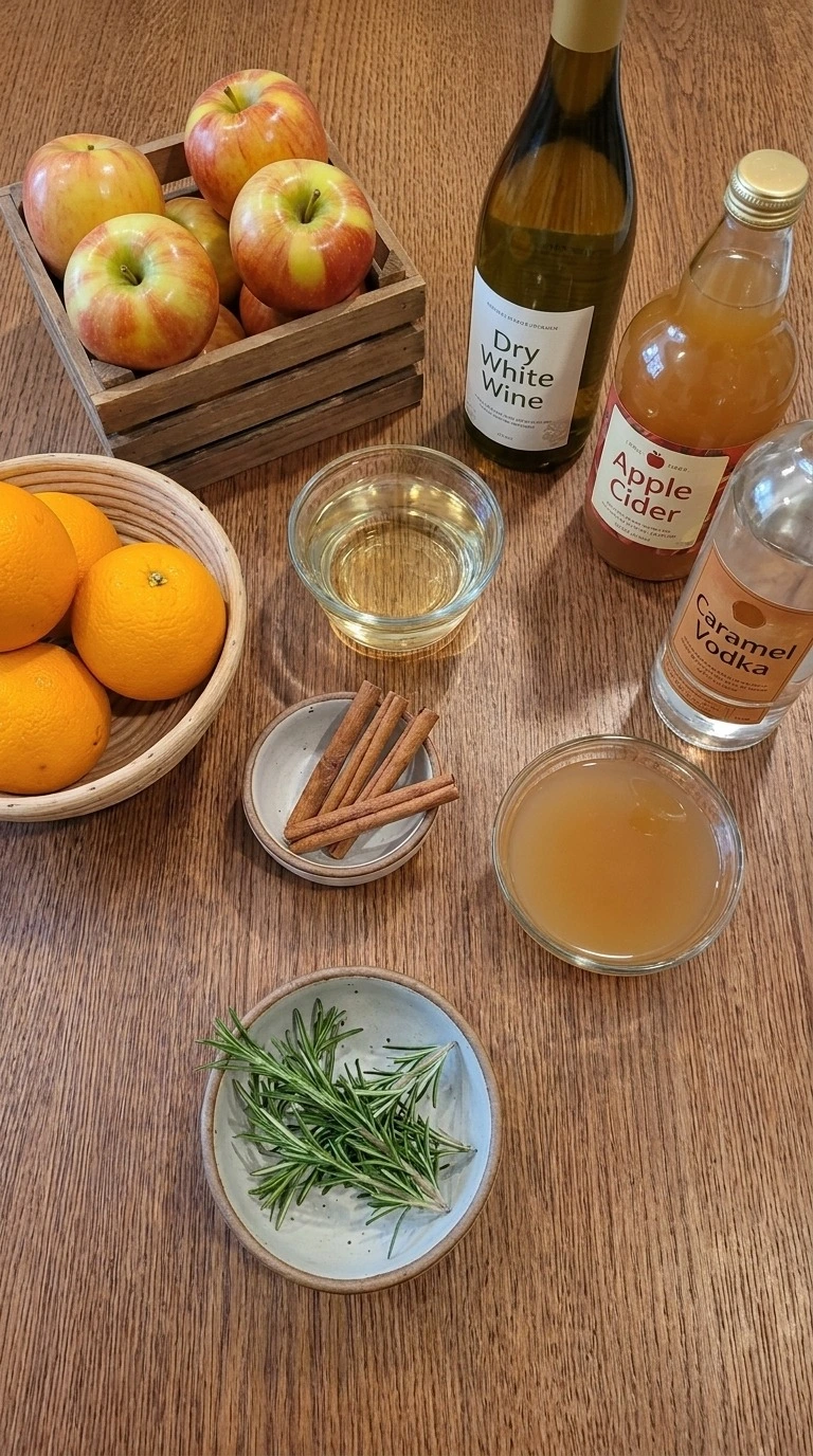 Apple Cider Sangria ingredients with apples oranges cider and spices Recipe focus: caramel apple cider Recipe focus: apple cider sangria with caramel vodka.