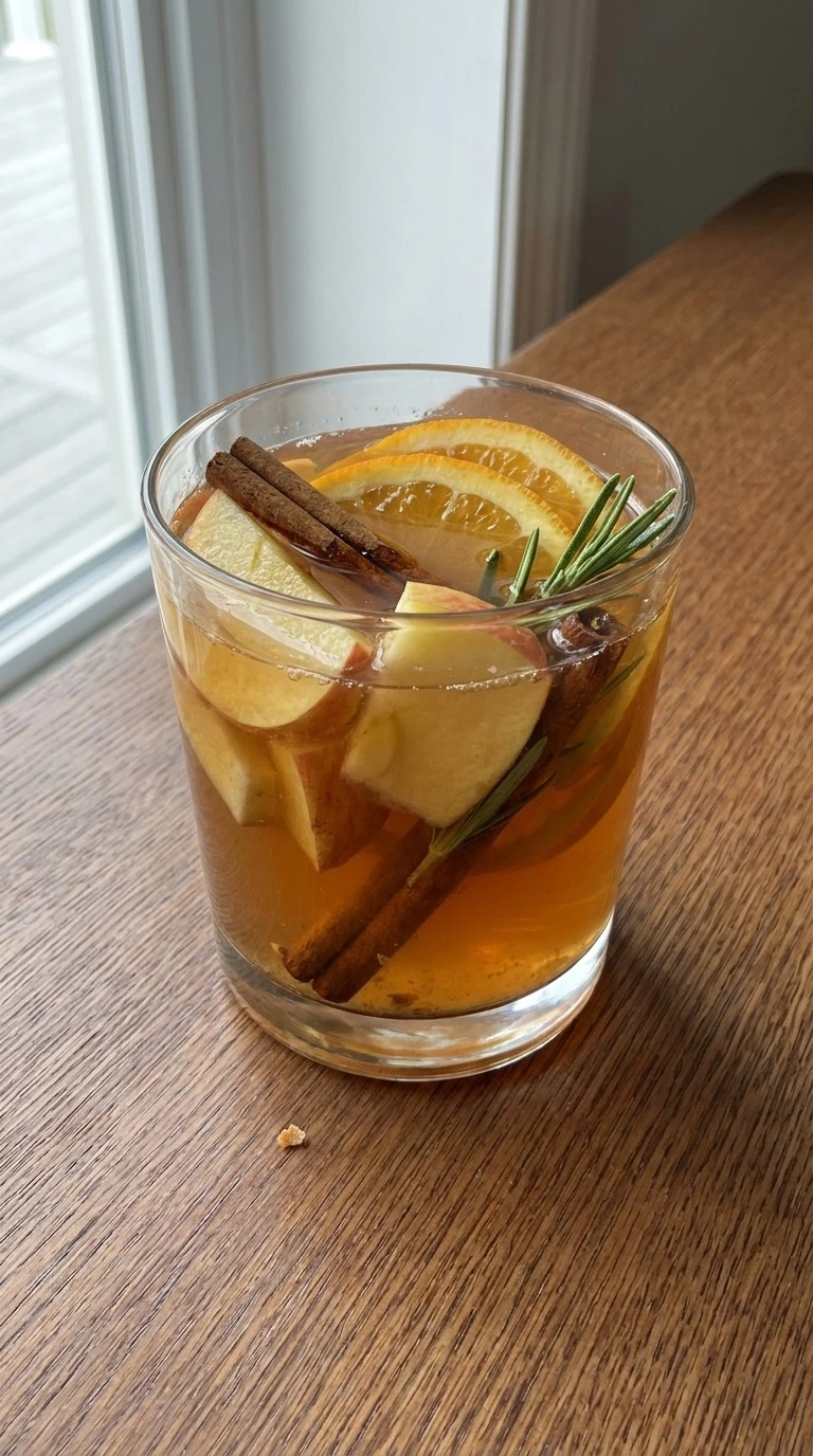 Apple Cider Sangria serving glass with fruit slices and rosemary garnish Recipe focus: apple cider sangria recipe Recipe focus: caramel apple cider sangria.