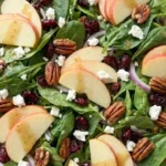 Apple Cranberry Salad with crisp apple slices, dried cranberries, toasted pecans and feta on mixed greens Recipe focus: easy apple cranberry salad.