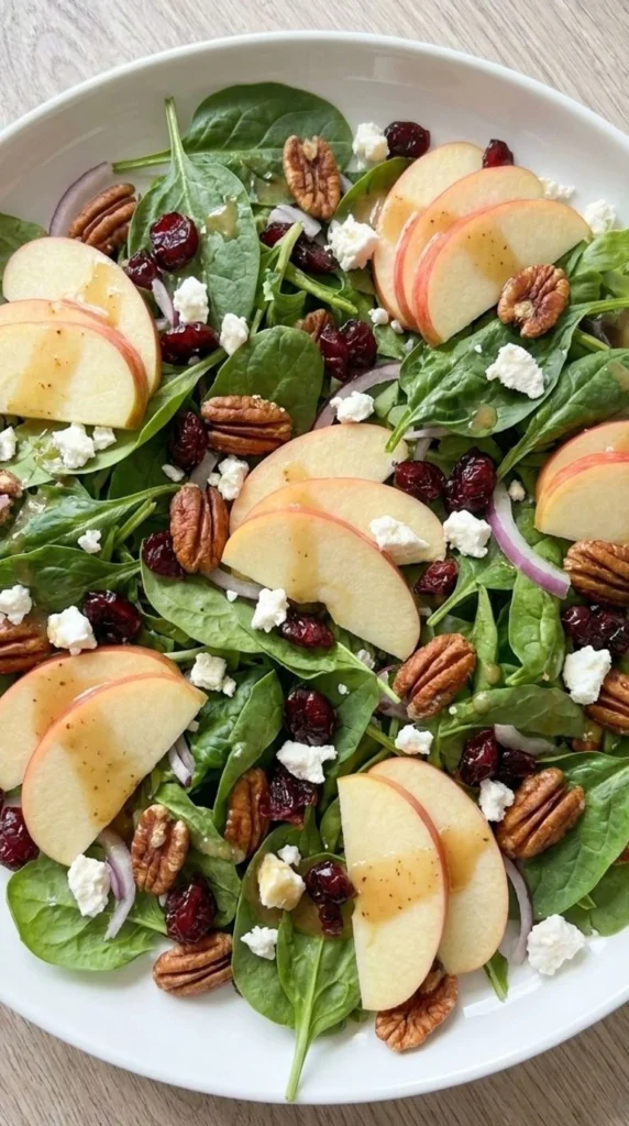 Apple Cranberry Salad with crisp apple slices, dried cranberries, toasted pecans and feta on mixed greens Recipe focus: easy apple cranberry salad.