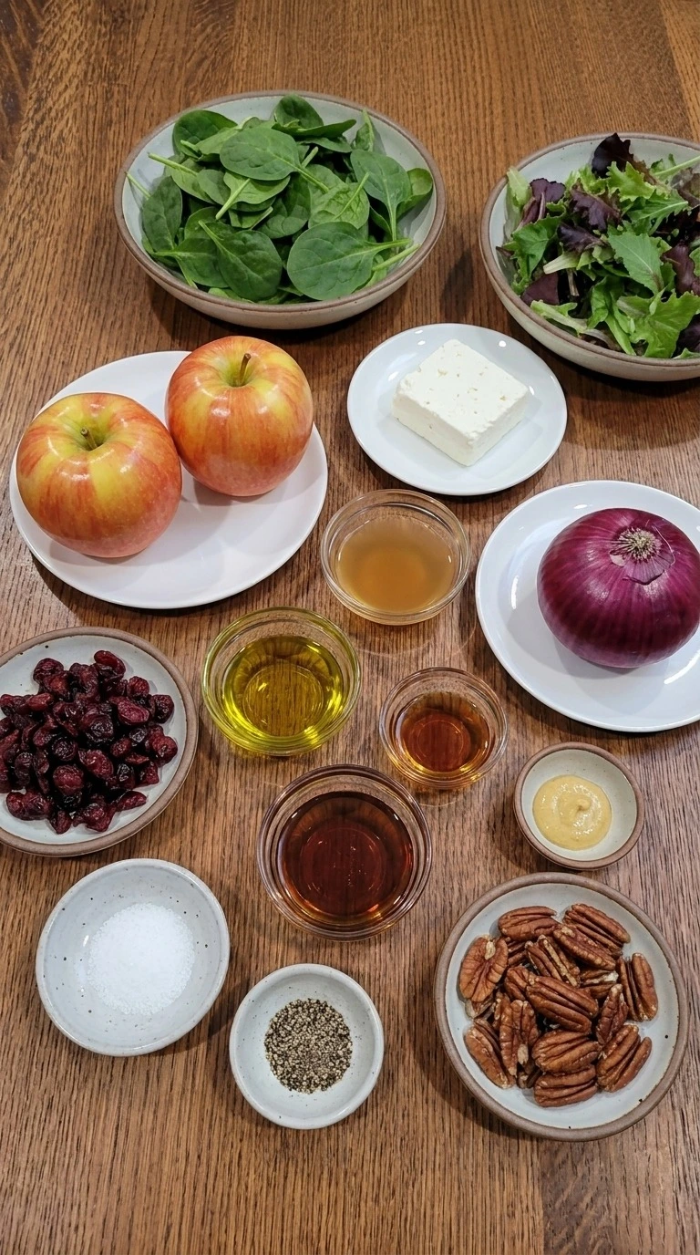 Apple Cranberry Salad ingredients including whole Honeycrisp apples, dried cranberries, spinach, pecans and Recipe focus: thanksgiving apple cranberry salad.