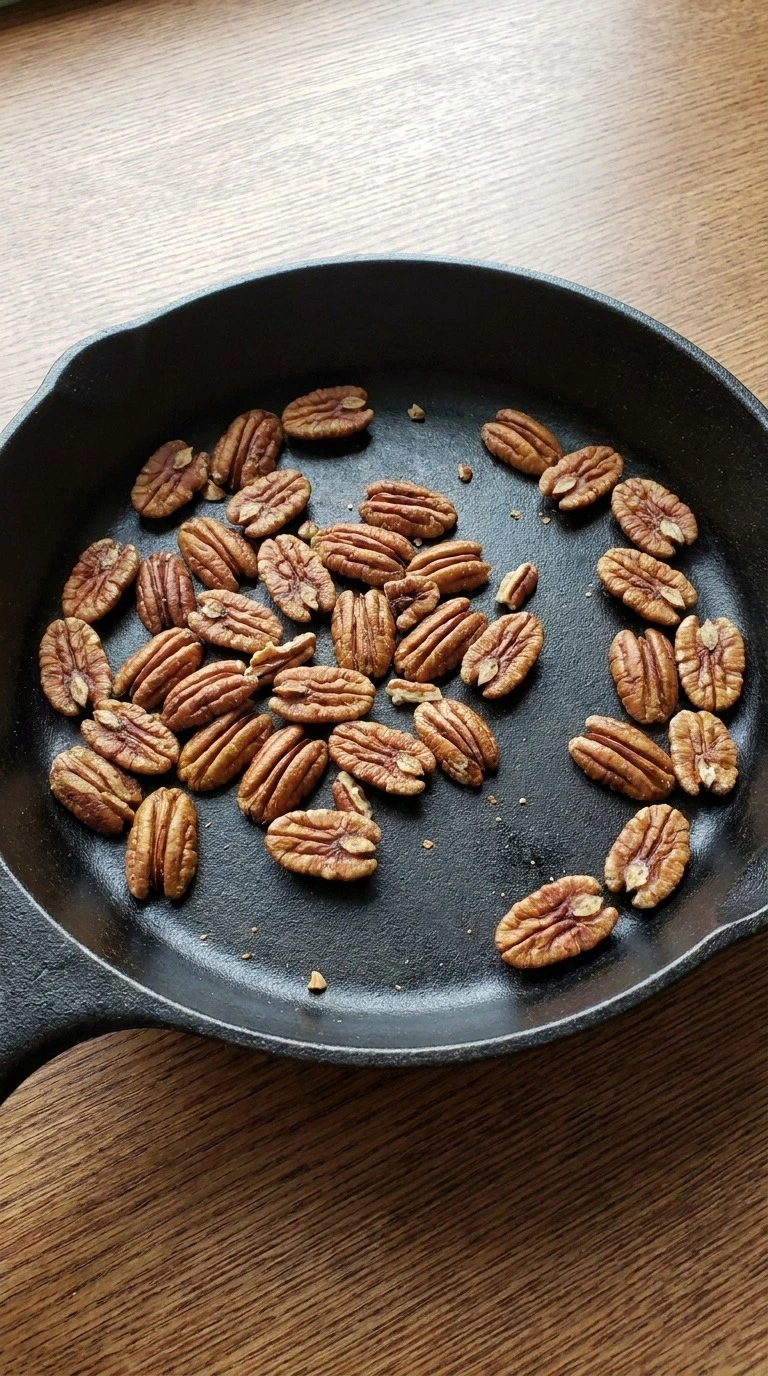 Apple Cranberry Salad preparation showing pecan halves toasted golden brown in a skillet Recipe focus: easy apple cranberry salad.