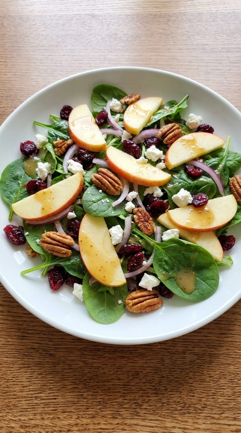 Apple Cranberry Salad serving with maple dressing, crumbled feta and golden toasted pecans Recipe focus: easy apple cranberry salad.