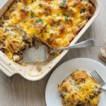 Biscuits and Gravy Breakfast Casserole with golden biscuit topping in baking dish Recipe focus: breakfast casserole with hashbrowns.
