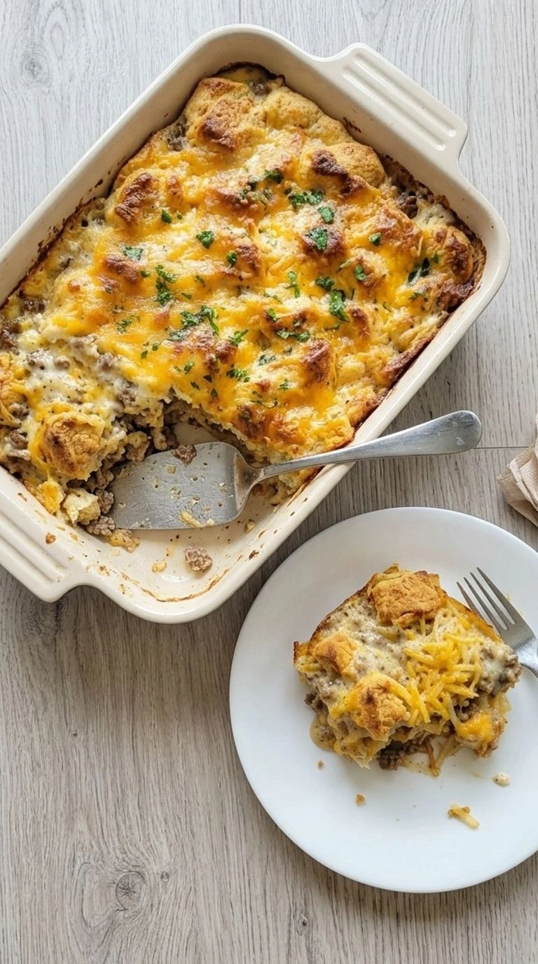 Biscuits and Gravy Breakfast Casserole with golden biscuit topping in baking dish Recipe focus: breakfast casserole with hashbrowns.