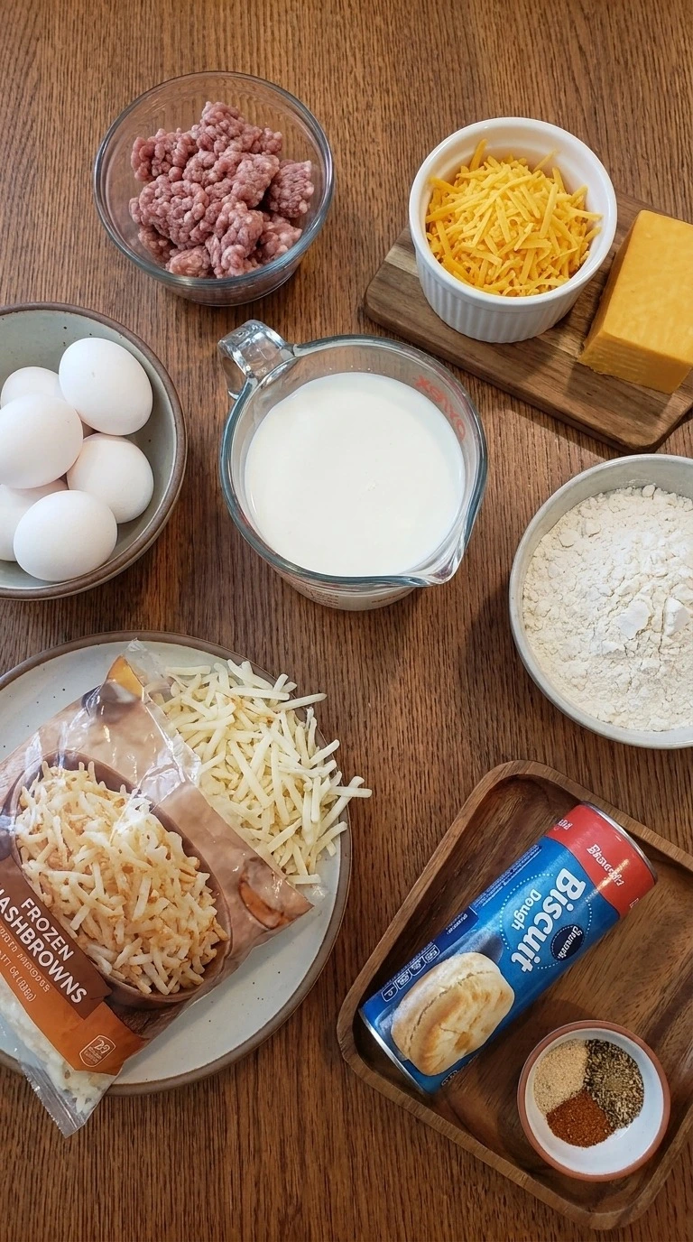 Biscuits and Gravy Breakfast Casserole ingredients with sausage biscuits and cheese Recipe focus: tater tot breakfast casserole.