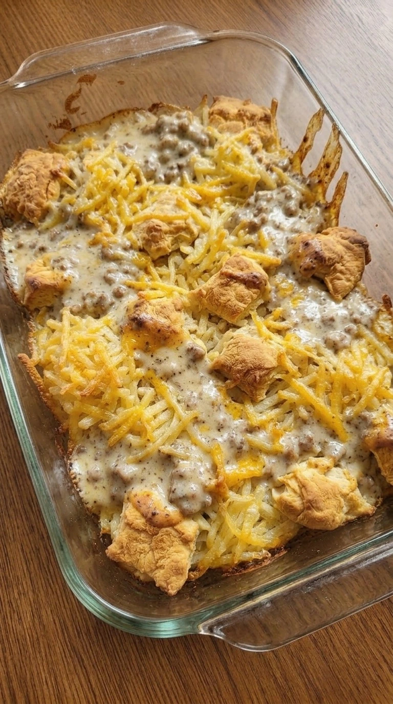Biscuits and Gravy Breakfast Casserole baking with melted cheese topping Recipe focus: breakfast casserole with hashbrowns.