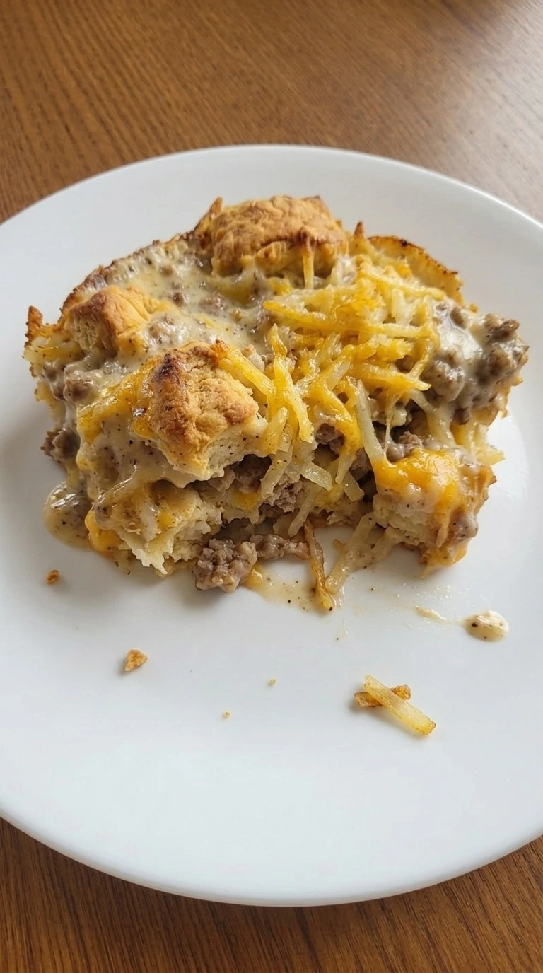 Biscuits and Gravy Breakfast Casserole serving with visible layers on plate Recipe focus: easy breakfast casserole.