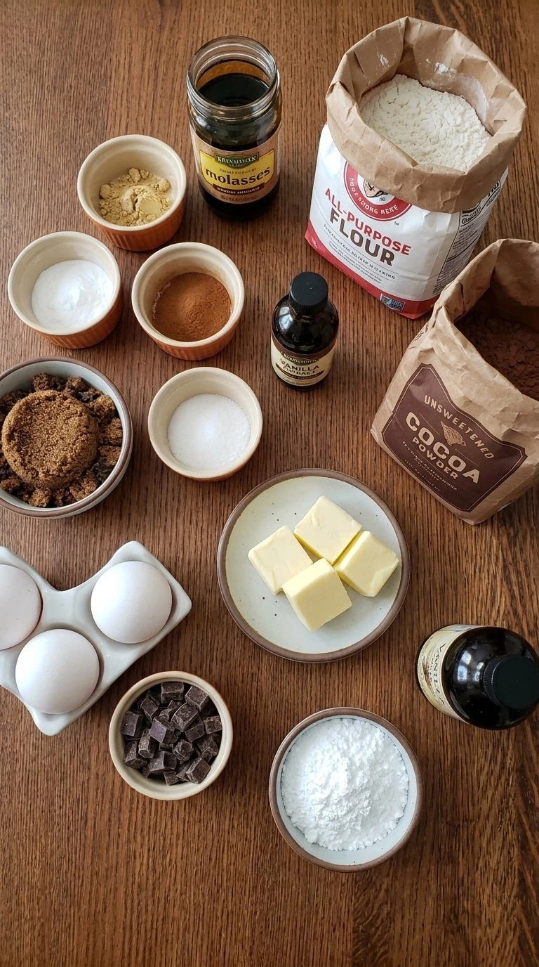 Chewy Chocolate Gingerbread Cookies ingredients with cocoa flour spices and chocolate Recipe focus: gingerbread cookies decorated.
