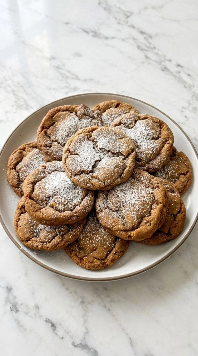 Chewy Gingerbread Cookies on a plate with cracked soft centers and golden edges Recipe focus: soft and chewy gingerbread cookies.