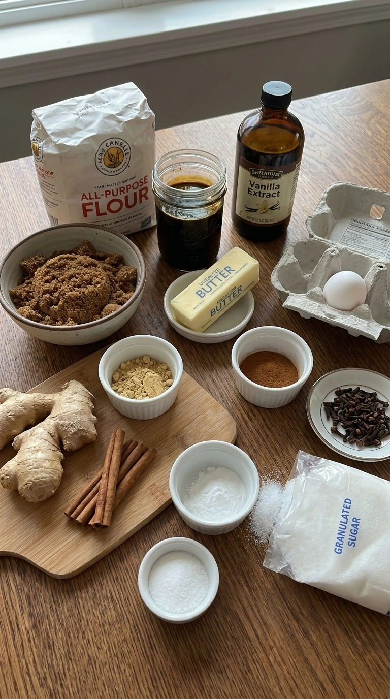 Chewy Gingerbread Cookies ingredients with flour molasses spices and eggs Recipe focus: chewy gingerbread men cookies.