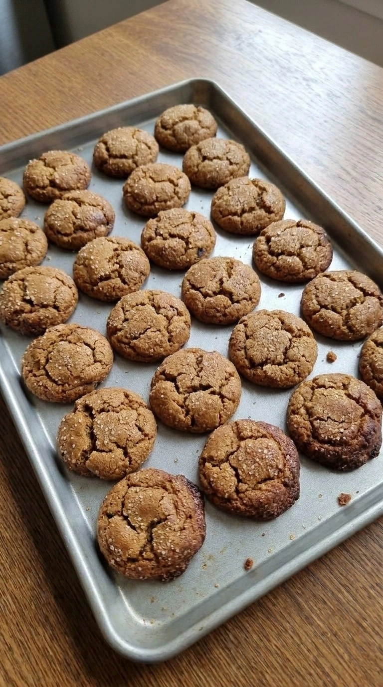 Chewy Gingerbread Cookies baking with cracked tops and set edges Recipe focus: soft chewy gingerbread cookies.
