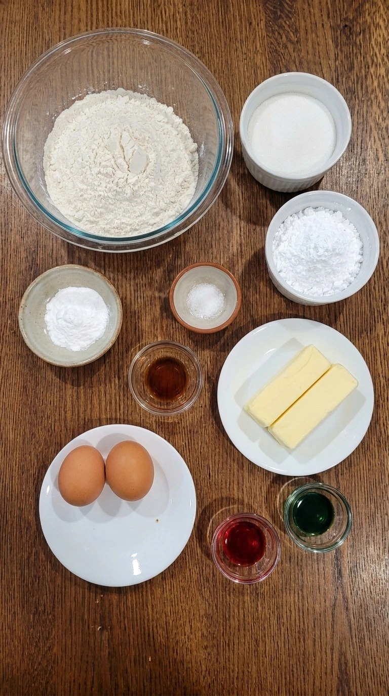 Christmas Crinkle Cookies ingredients including flour, butter, eggs, vanilla and red and green gel colors Recipe focus: christmas cookies easy.
