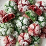 Christmas Crinkle Cookies in red and green with snowy powdered sugar cracks on a white serving plate Recipe focus: christmas crinkle cookies easy.