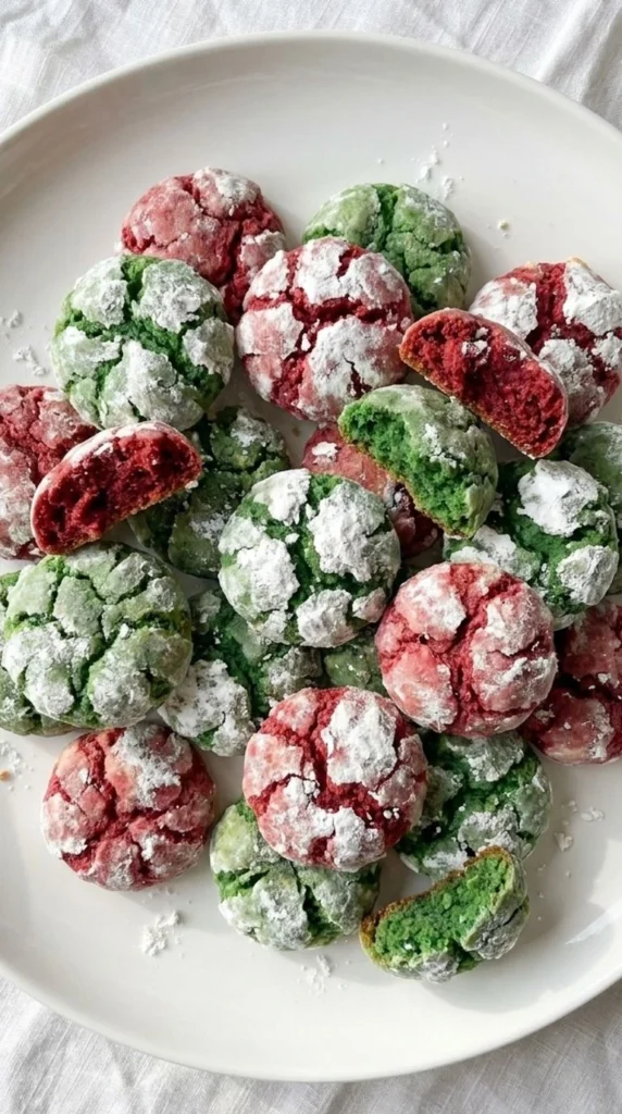 Christmas Crinkle Cookies in red and green with snowy powdered sugar cracks on a white serving plate Recipe focus: christmas crinkle cookies easy.