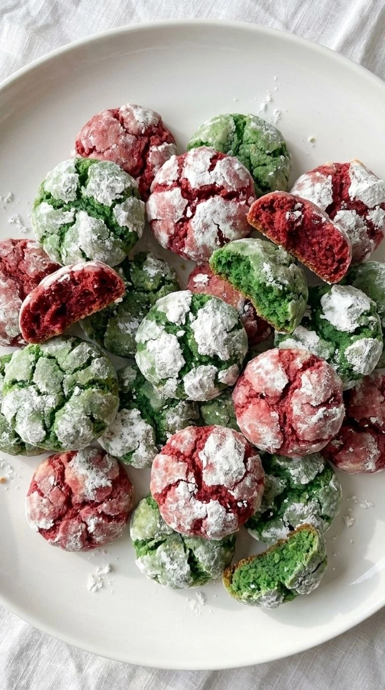 Christmas Crinkle Cookies in red and green with snowy powdered sugar cracks on a white serving plate Recipe focus: christmas crinkle cookies easy.