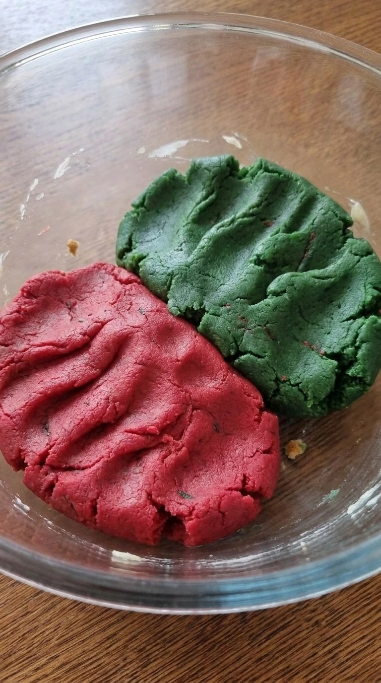 Christmas Crinkle Cookies dough divided into separate red and green portions before chilling Recipe focus: christmas crinkle cookies easy.