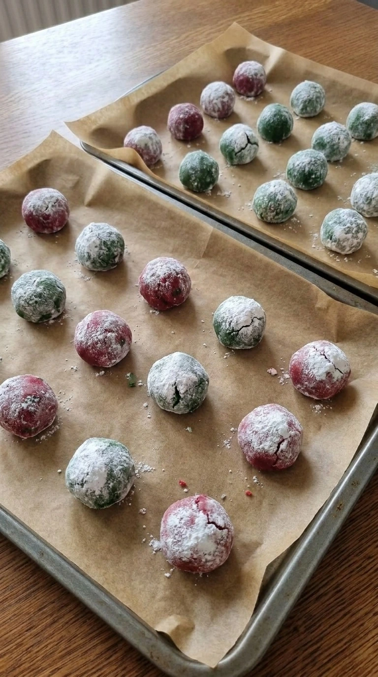 Christmas Crinkle Cookies dough balls coated in powdered sugar and spaced on baking trays Recipe focus: christmas cookies.