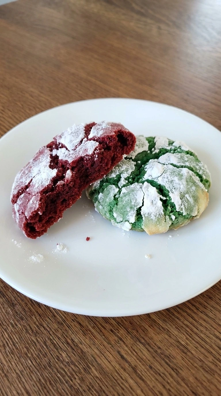 Christmas Crinkle Cookies on a white plate with one broken red cookie showing its soft center Recipe focus: christmas cookies easy.