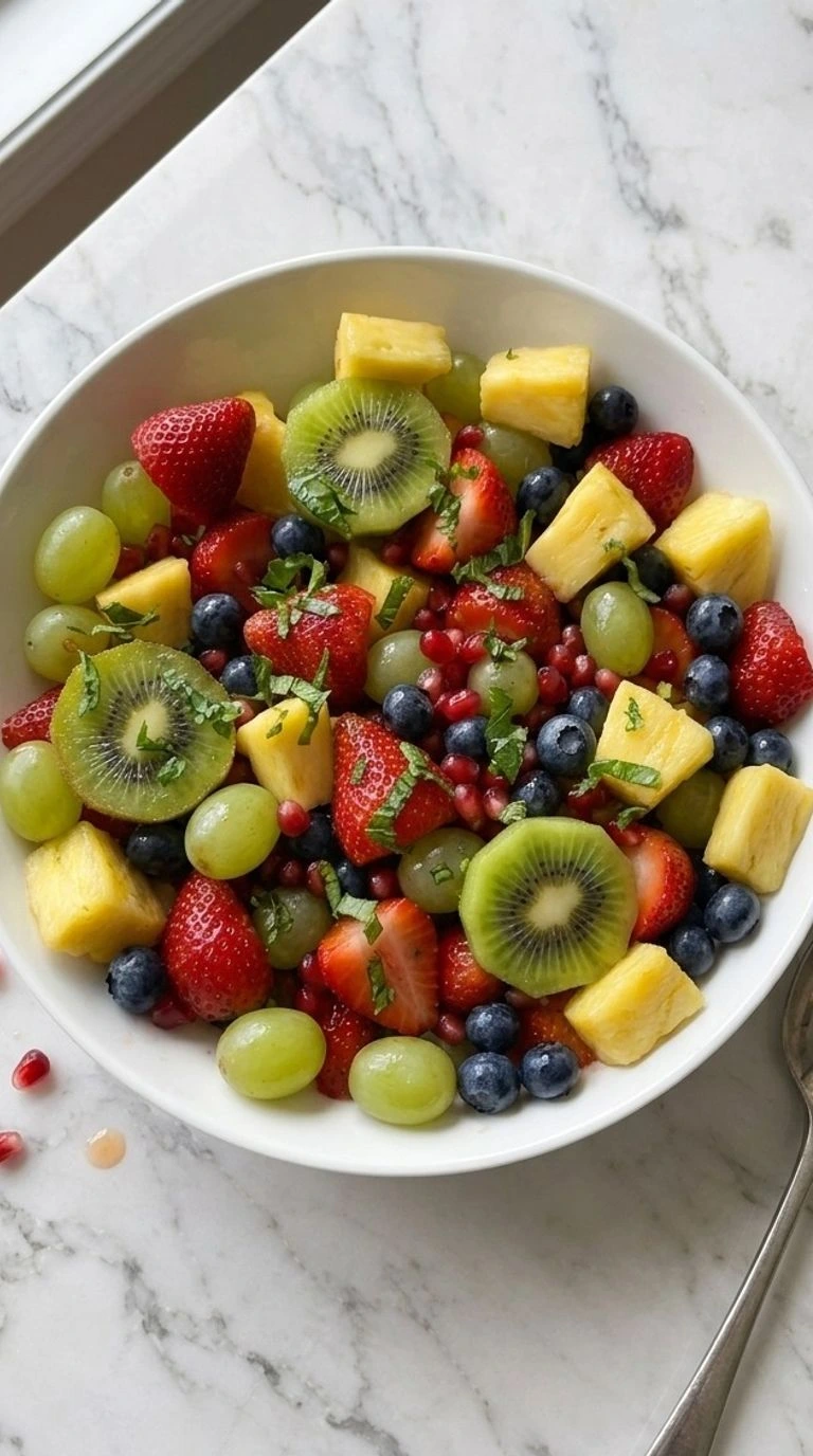 Christmas Fruit Salad with colorful fresh fruit in a serving bowl Recipe focus: christmas salad.