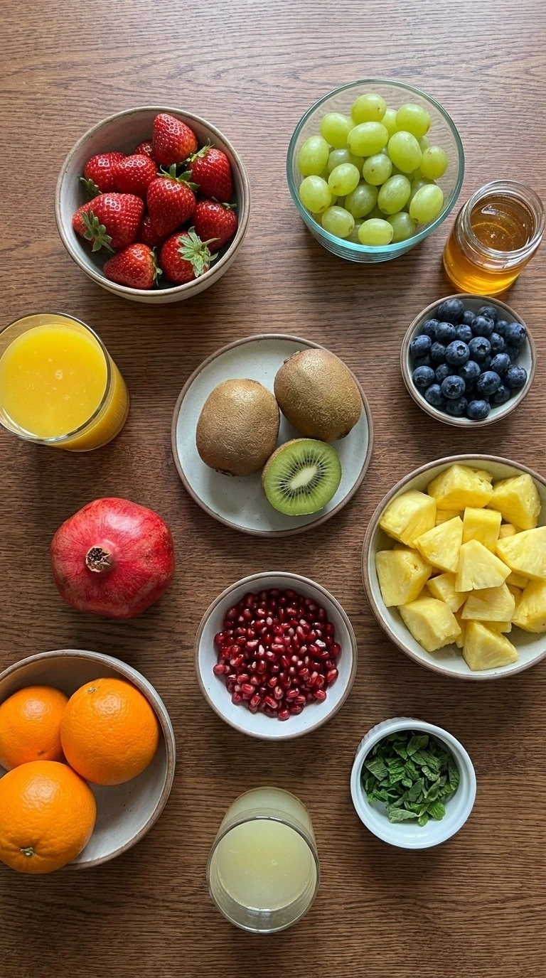 Christmas Fruit Salad ingredients with fresh fruit arranged separately Recipe focus: green christmas salad.